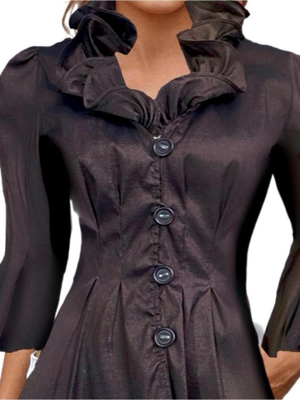 Black Ruffled Collar Button-Front Jacket